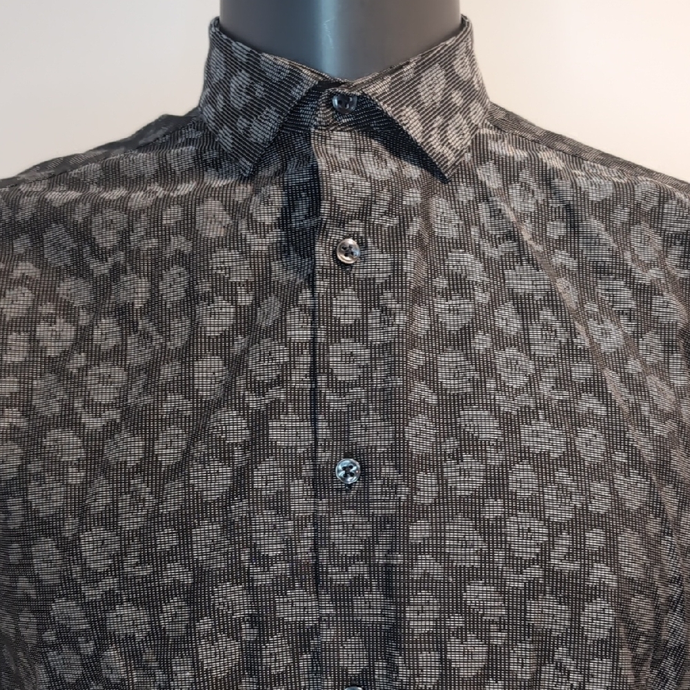 Calvin Klein Black Cheetah Print Slim Fit Shirt Size 15.5